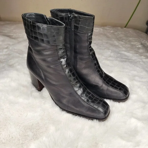 Made in Italy Black Croc Boots 39 (8.5) Womens Sherpa Square Toe Leather Vintage - Picture 2 of 8